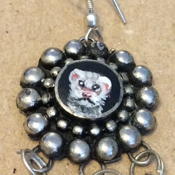 Ferret Earrings Handpainted Danglers Silvertone Metal Long Polecat Pet Artisan - Picture 3 of 12